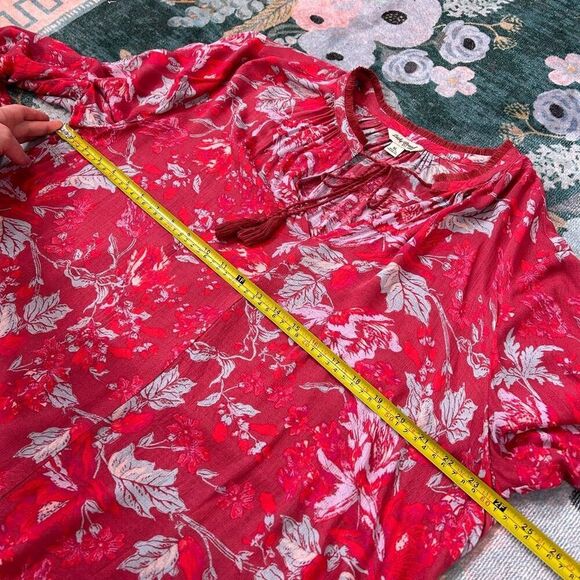 Lucky Brand Blouse Women's XL Red Split Neck Floral Long Sleeve Peasant Top Boho - Picture 10 of 13